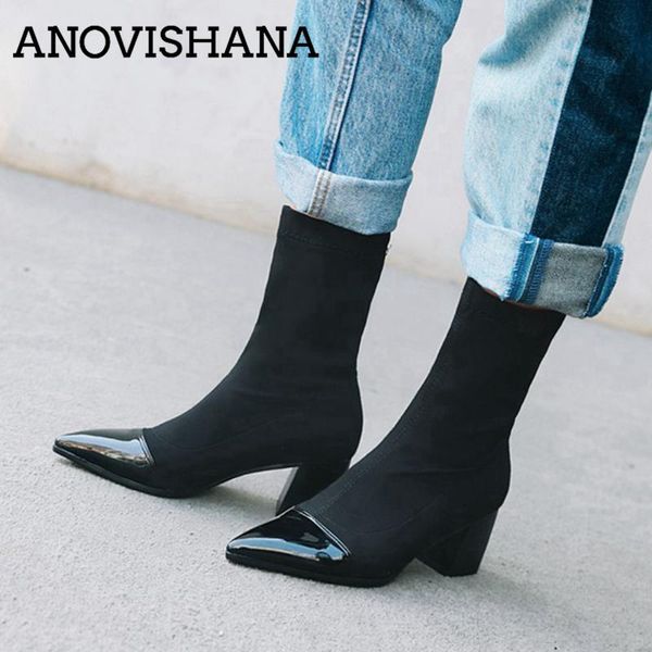 

anovishana winter sock boots patchwork thick heel slip on shoes women pointed toe stretch fabric women botas feminino mujer b812, Black