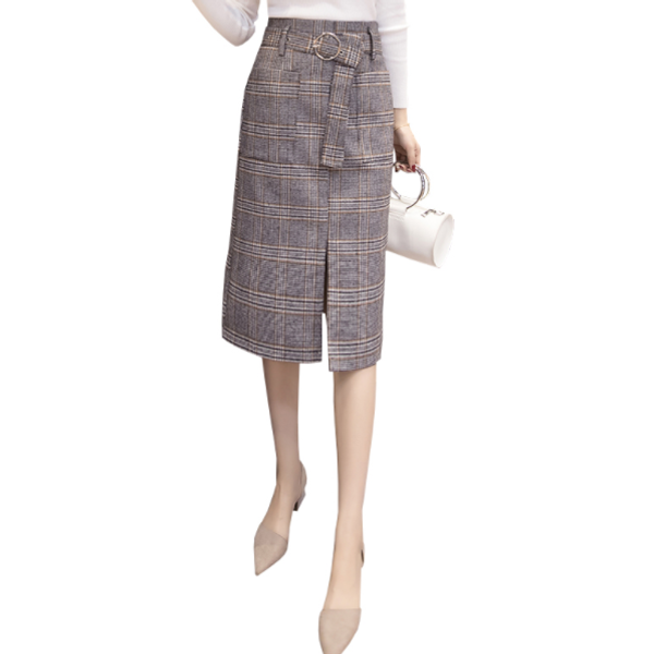 

long woolen warm plaid skirts womens 2019 spring high waist belted elegant office work midi skirt wool saia jupe falda aq993, Black