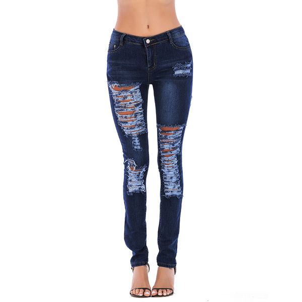 Mulher de idade cintura Long Botão Solid-Jeans Atacado Buraco bolso com zíper Moda Casual Denim Calças Lápis selvagem Fit Jeans Mujer 3XL OY41 *