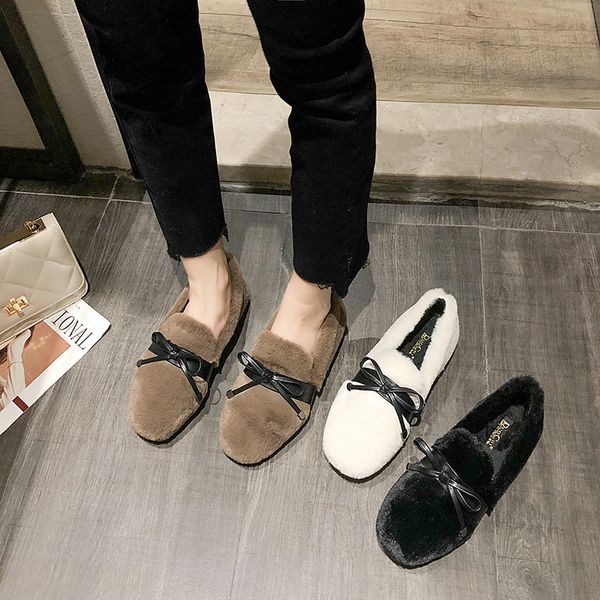 

casual woman platform shoes women round toe bow-knot all-match autumn slip-on loafers fur 2019 fashion women's flats butterfly, Black