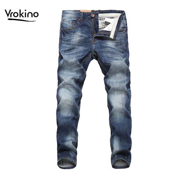 

vrokino 2019 spring and autumn new shelves men's casual cotton slim jeans fashion men's stretch dark blue jeans