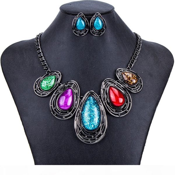

classic trendy vintage colorful chunky jewelry sets party bridal fashion necklace and earrings sets for women ing, Silver