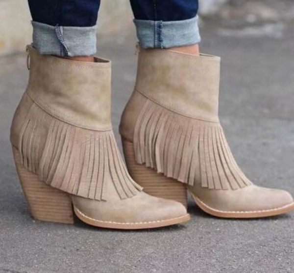 

womens tassel winter boots leather wedges round toe keep warm zipper thick heel comfortable shoe woman ankle boots botas mujer, Black