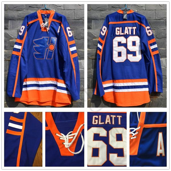 

doug the thug #96 glatt goon halifax highlanders hockey jersey new stitched sewn blue color jerseys fast shipping, Black;red