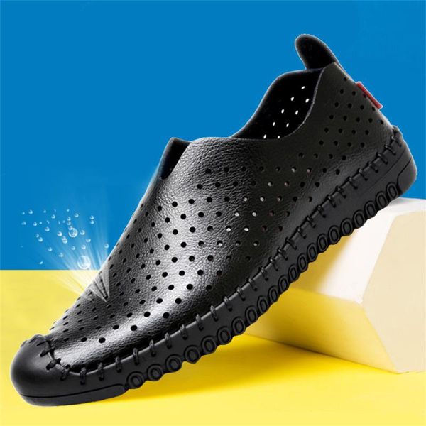 

summer moccosins men's genuine leather breathable england hollow out loafers men casual soft-sole porous breathable shoes men's, Black