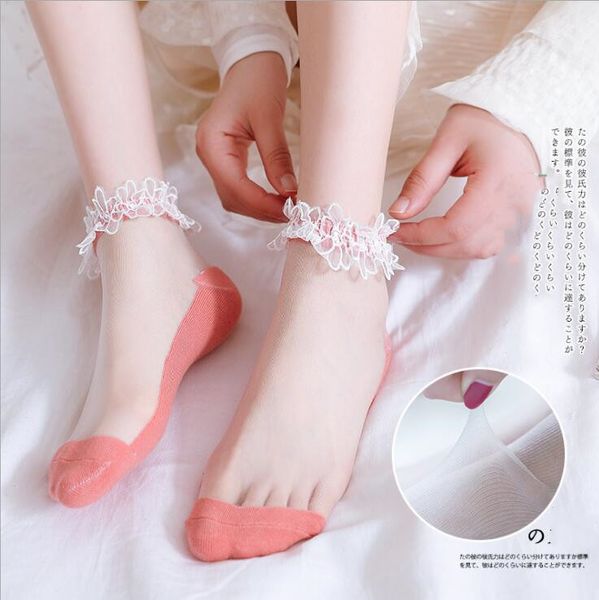 

girls lace side cotton thin socks women summer mesh breathable sock lady transparent hosiery fashion anklet elastic socks cd810, Pink;yellow
