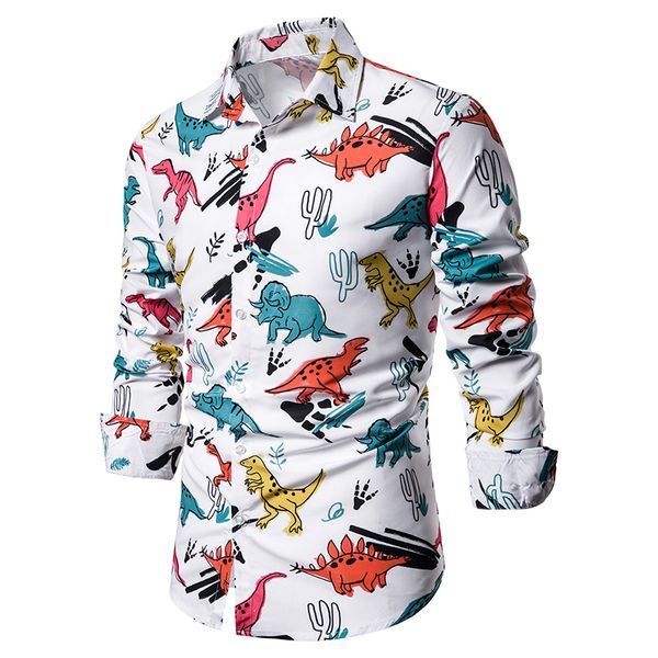 

markyi 2019 autumn dinosaur print nightclub design men's lapel slim fit clothing male long sleeve shirt s-2xl, White;black