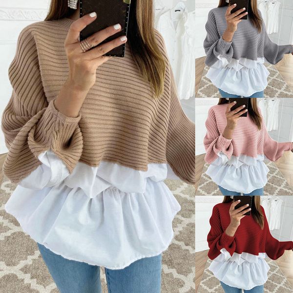 

winter fashion ruffles knitted jumper sweater patchwork loose casual streetwear female womens long sleeve blusas knitted sweater, White;black