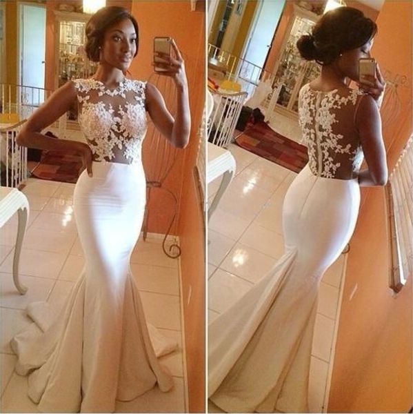 

See Through Sheer Satin Sleeveless Wedding Dresses 2019 Cap Sleeves Jewel Lace Mermaid Country Bridal Gowns Custom Made Vestidos De Novia