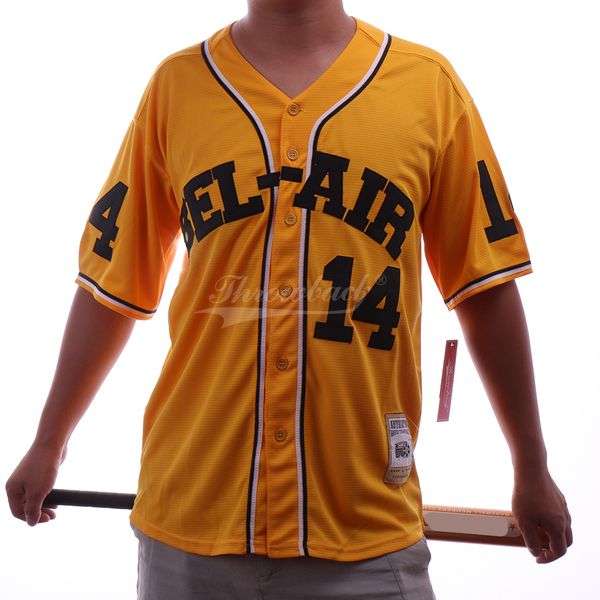 

Men's 14 Smith Jersey BEL-AIR Movie version Baseball Jerseys colour yellow Size S-3XL Free Shipping Cheap