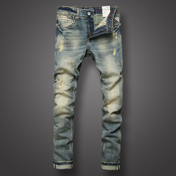 

fashion streetwear men jeans retro washed destroyed ripped jeans men brand designer italian style vintage classical homme, Blue