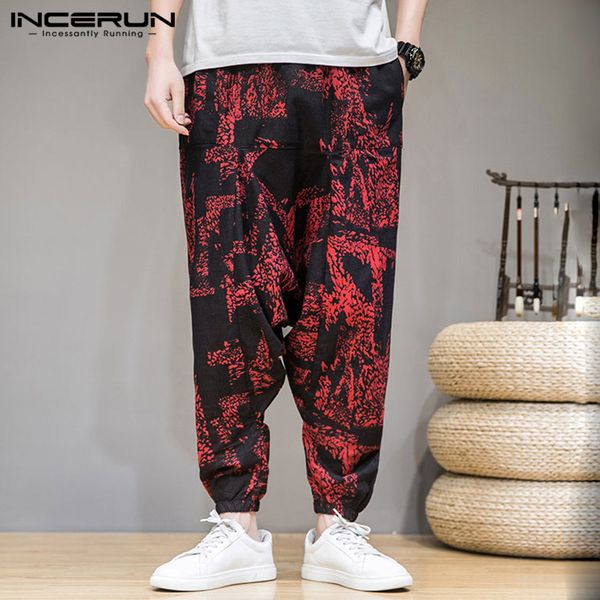 

man vintage leisure baggy trousers man fashion harem pants casual loose cotton printed jogger casual drop crotch pants plus size, Black