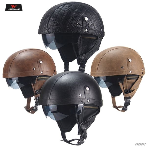 

wosawe motorcycle motorbike rider half open face pu leather helmet visor with collar vintage motocross motorbike moto helmet