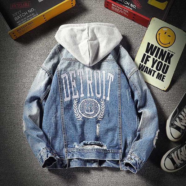 

yasuguoji ripped hooded denim jeans jacket men hip hop blue denim coat for male fashion solid outwear windbreakers, Black;brown