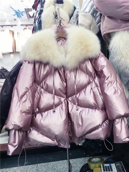 

winter warm jacket women 2018 new shawl big real fur collar loose and thicker short bright cotton padded coat basic coats, Black