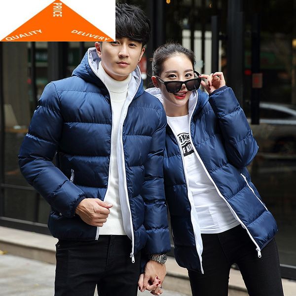 

men fashion jacket clothes 2020 korean thick warm short hooded jackets and coats women couple winter parkas 9062, Black