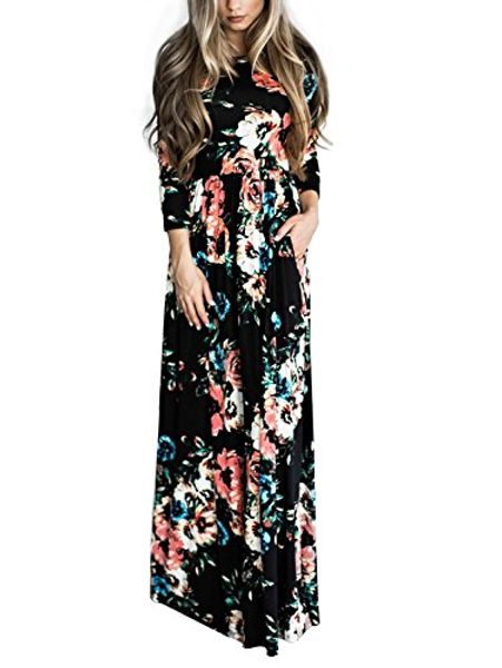 

lanremon women's floral print rose maxi retro bohemian long dress summer 3/4 sleeve round neck pocket pleated robe, Black;gray