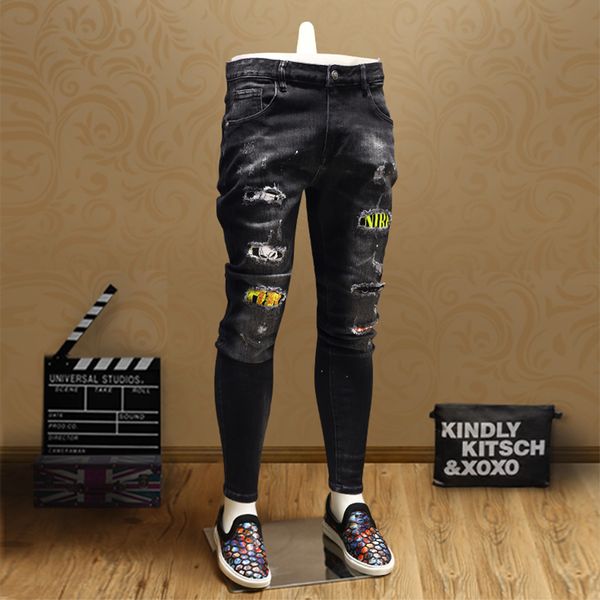 

winter quality mens skinny ripped patch jeans streetwear cowboys men heavyweight jean pants psmj86, Blue