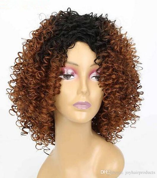 Medium Length Afro Kinky Curly Hair Wigs Ombre Black Brown Color