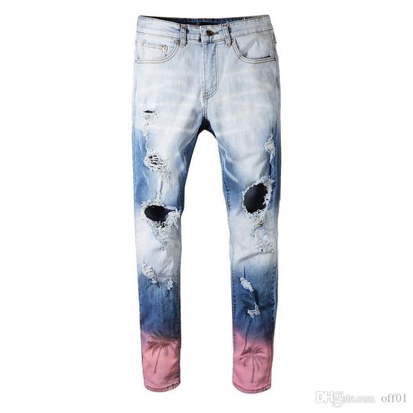 

2019 europe and american high street knee hole jeans gradient color palm print slim feet pants distressed ripped biker jeans size 29-40, Blue