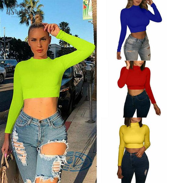 

women long sleeve crew neck t shirts casual solid color crop ladies autumn basic tee red blue yellow, White