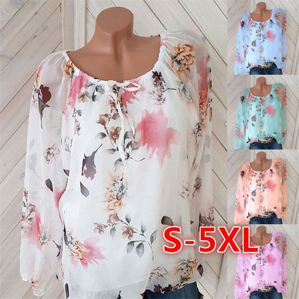 

blouse women chiffon shirt casual 2018 new full sleeve round neck print spring and summer loose blusas 5xl plus size, White