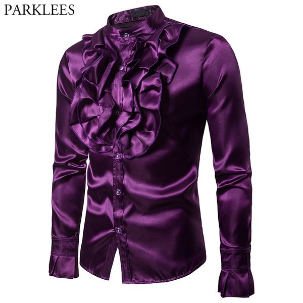 

purple silk satin shirt men unique designe vintage wedding tuxedo shirt man long sleeve slim fit gothic male chemise homme, White;black