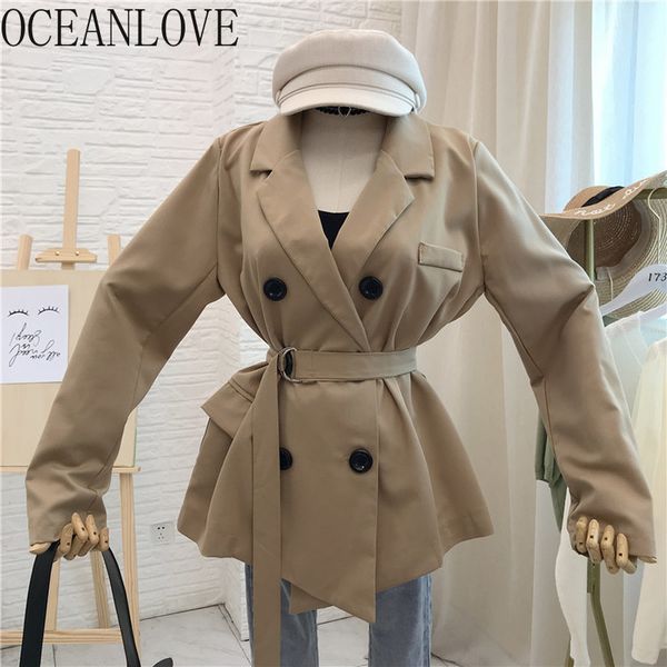 

oceanlove 2019 autumn vintage solid women blazer sashes double breasted lace up blazer feminino elegant notched jacket 12663, White;black