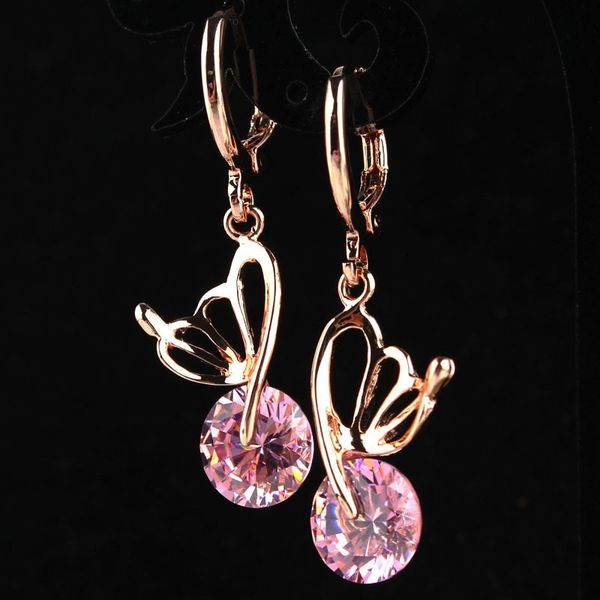 

trendy pink cz crystal drop earrings for women wedding party jewelry valentines day gift rose gold color butterfly earrings, Silver