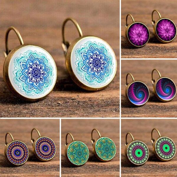 

vintage flower lotus mandala glass cabochon leverback earrings women jewelry, Silver