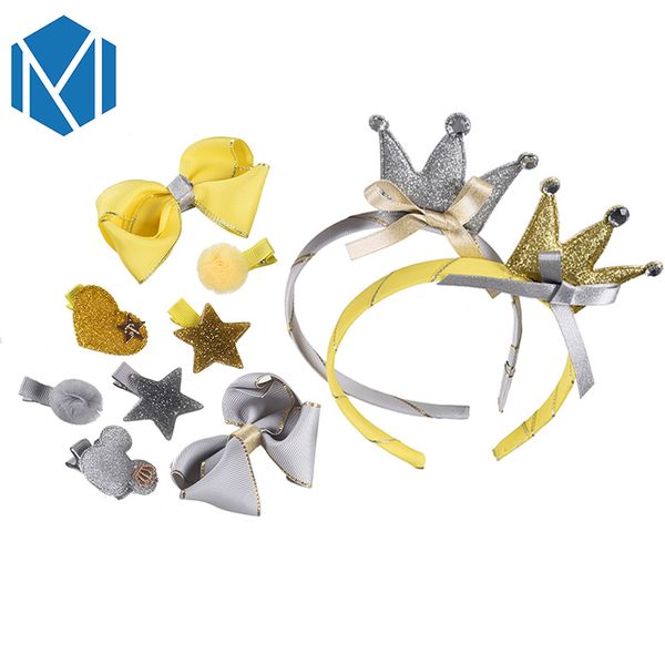 

q mism lovely girl headwear set hair clip children ribbon bow hairpin cute hair bands kids star pompom crown tiara accessories, Slivery;white
