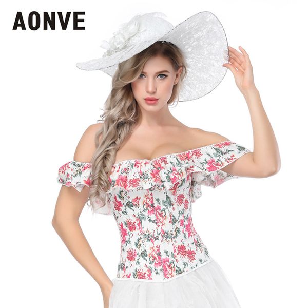 

aonve white overbust corset for women bustier rave clothes korse floral print sweet ruffles bustiers mujer korset s-2xl, Black;white