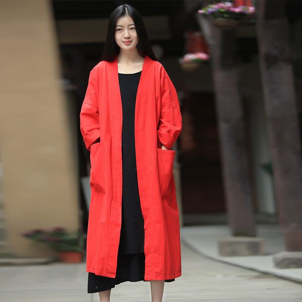 

women's trench coats johnature women vintage linen pockets 2021 spring stand full sleeve cardigan casual clothes loose, Tan;black