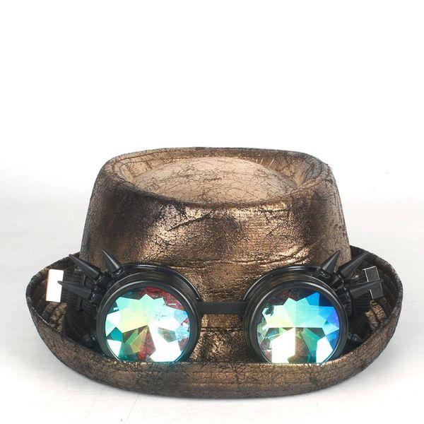 

100% leather fedora hat men gold pork pie hat gear glasses flat for gentleman bowler gambler cosplay 2 size m, Blue;gray