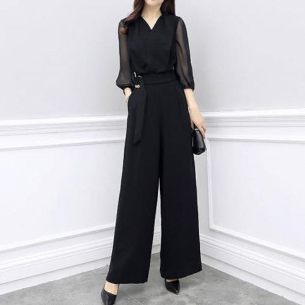 

rompers womens jumpsuit long pants 2020 new summer office lady elegant deep v-neck wide leg jumpsuits women overalls ae403, Black;white
