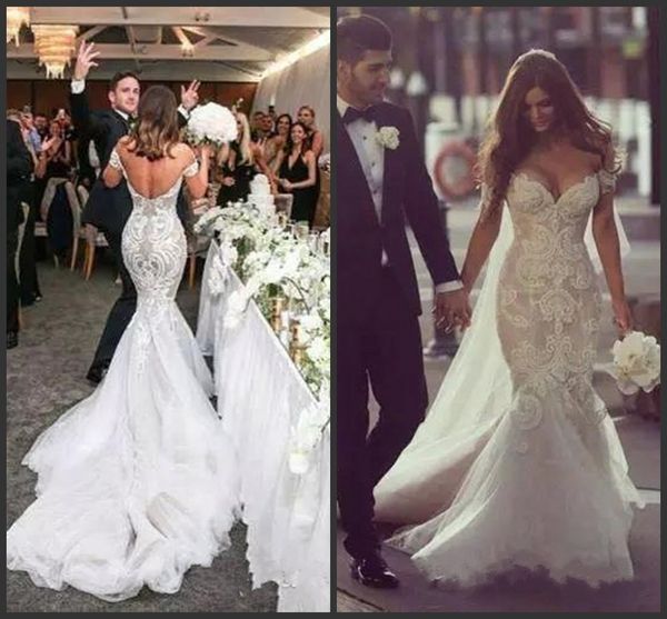 2020 Nuovi abiti da sposa Sirena Splendida Steven Khalil Dubai Arabo al largo della spalla Abito taglie forti Abiti da sposa in pizzo senza schienale a figura intera