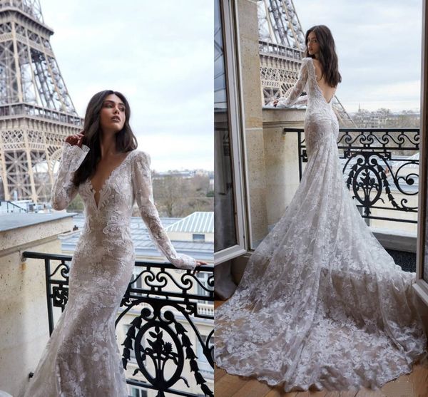 

2019 summer mermiad full lace wedding dress elegant long sleeve deep v neck open back beach boho bridal gown, White