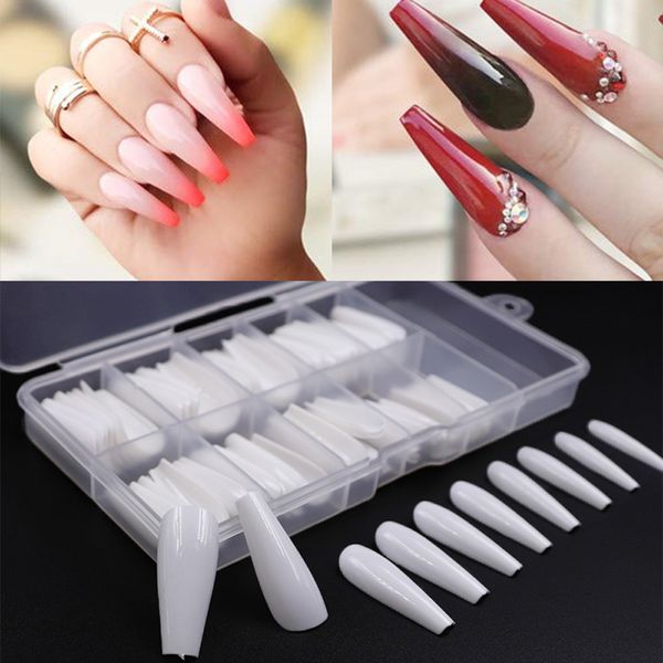 

100pcs/box 10 sizes white beige clear long ballerina fake nail artificial coffin nails art tips full cover fashion diy manicure, Red;gold