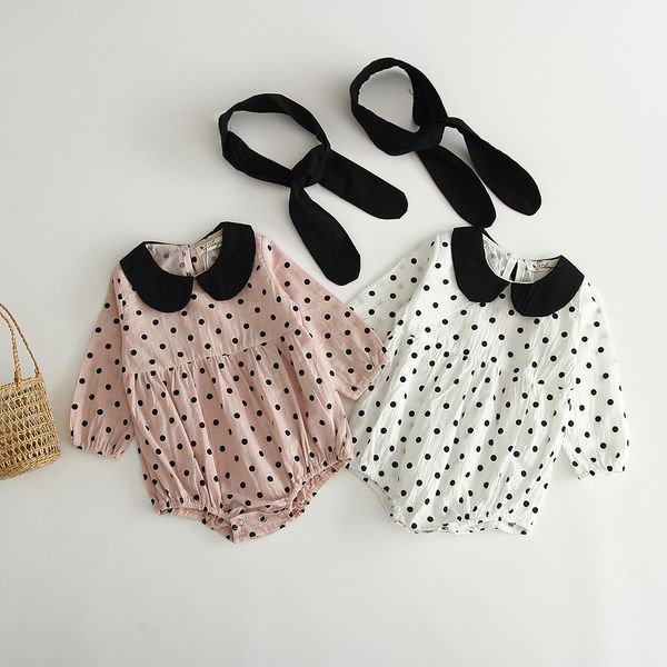 

baby kids designer clothes Romper Pet Pan Collar Long Sleeve Polka Dots Print Romper with Headband Clothes 100% cotton girl boy rompers 0-2T