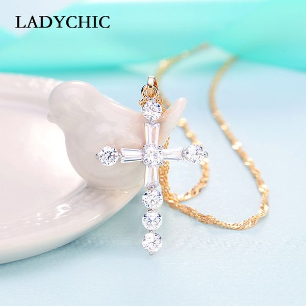 

ladychic sparkling gold color cross pendant necklace christian religious luxury bling zircon crystal cross for women gift ln1071, Silver