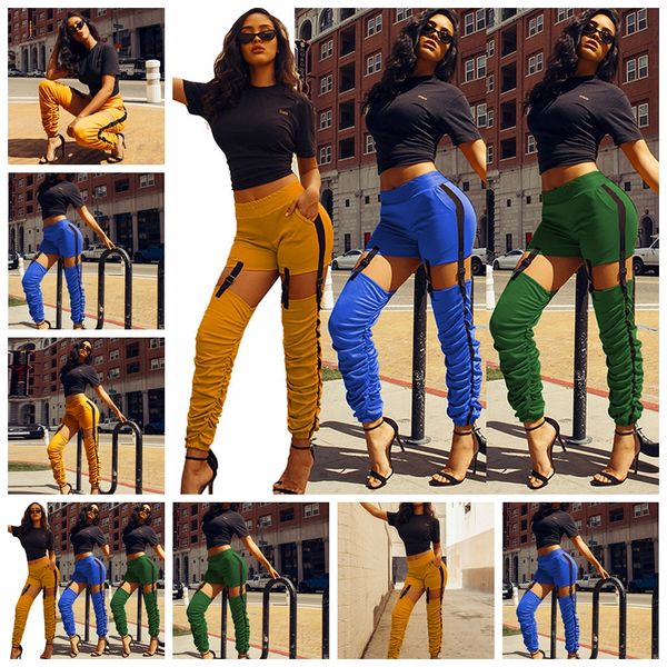 

2019 european spring and summer solid color casual pocket buckle trousers female, support mixed batch, Black;white