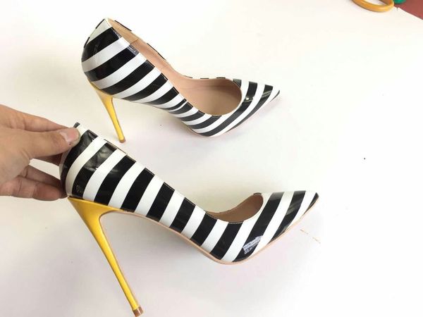 

2019 fashion women stripe patent leather poined toes high heeled heels shoes stiletto heel shoes pumps 12cm 10cm