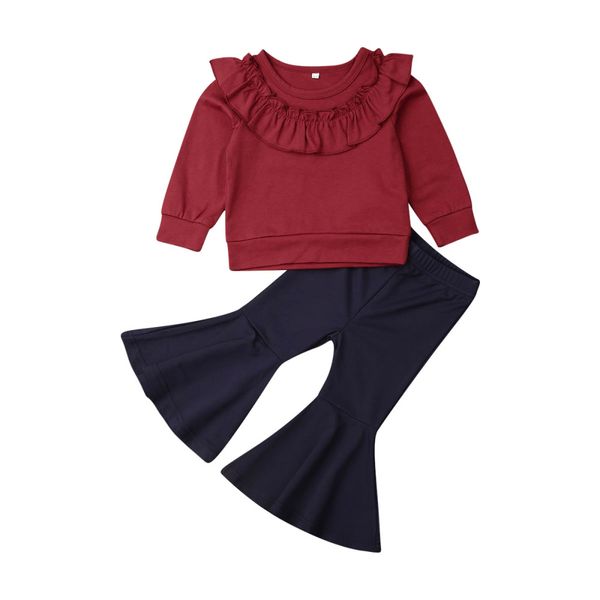 

kids designer clothes girls outfits children ruffle collar +flare pants 2pcs/set 2019 spring autumn baby clothing sets c2020, White