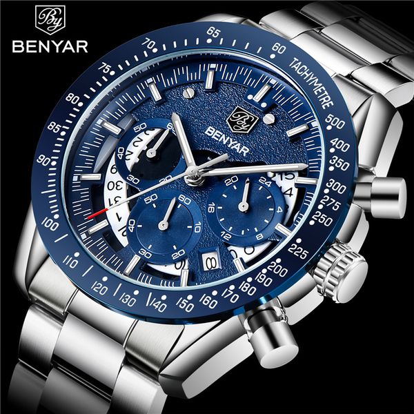 

benyar sport watch men quartz male chronograph clock waterproof wristwatch relogio masculino 5120, Slivery;brown
