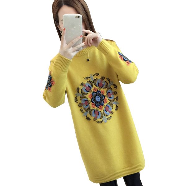 

2019 autumn new long round neck knit skirt loose jacquard wild pullover shirt sweater women autumn and wintersizem-xxl, White;black