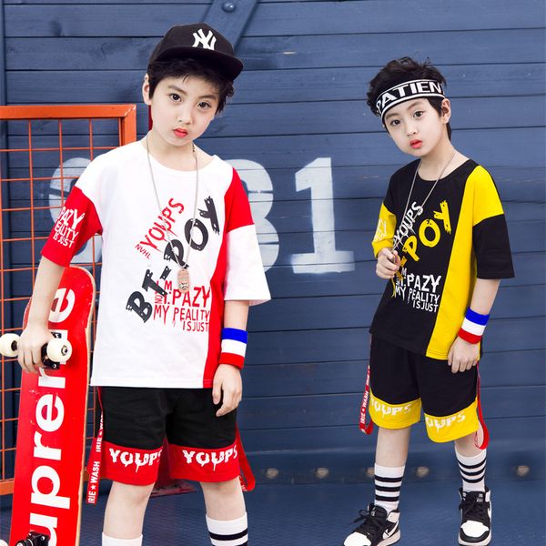 

new jazz dance costume streetwear hip hop clothing stage show kids dancing boy fashion costumes child ballroom outfit py153, Black;red