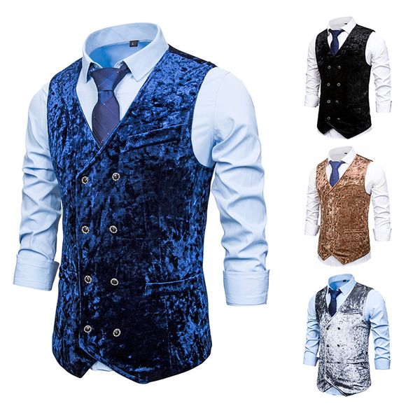 

double breasted suit vests casual business fleeced sleeveless vests gentlemen vintage formal blazer waistcoats men blazer, Black;white
