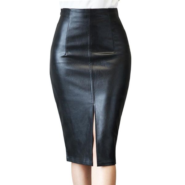 

women autumn winter solid below the knee sheath pu leather pencil black back slit front fashion skirt
