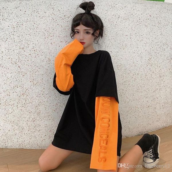 

womens tee patchwork contrast long sleeve embroidery graphic loose t shirt t-shirt pullover women casual tshirt orange, White