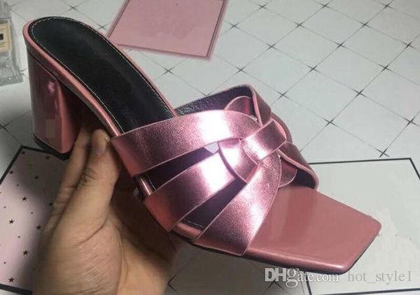 

summer fashion square toe chunky heel metal cowhide slippers femal personality outdoor travel slippers large size mixed color moccasins, Black